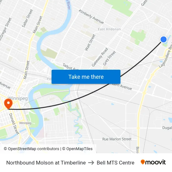 Northbound Molson at Timberline to Bell MTS Centre map