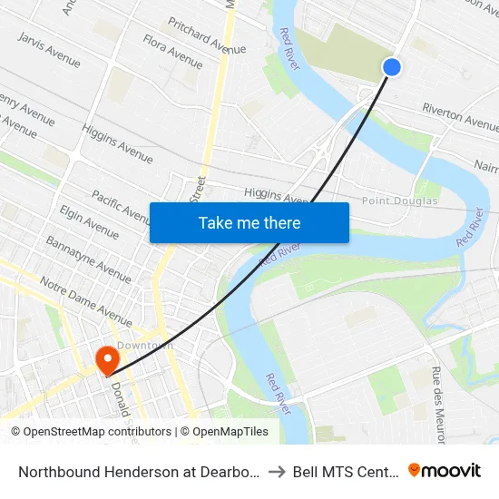 Northbound Henderson at Dearborn to Bell MTS Centre map