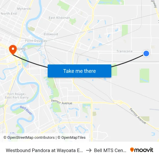 Westbound Pandora at Wayoata East to Bell MTS Centre map
