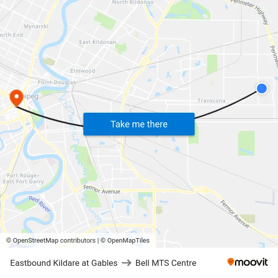 Eastbound Kildare at Gables to Bell MTS Centre map