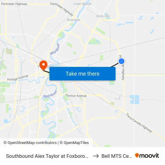 Southbound Alex Taylor at Foxborough East to Bell MTS Centre map