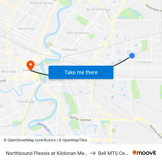 Northbound Plessis at Kildonan Meadow to Bell MTS Centre map