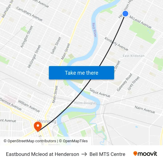 Eastbound Mcleod at Henderson to Bell MTS Centre map