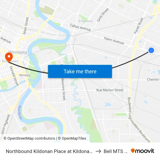 Northbound Kildonan Place at Kildonan Place (440, 446) to Bell MTS Centre map