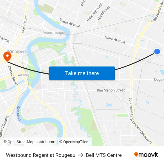 Westbound Regent at Rougeau to Bell MTS Centre map