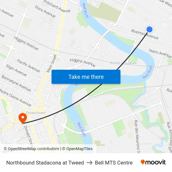 Northbound Stadacona at Tweed to Bell MTS Centre map