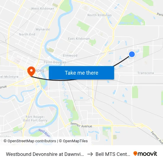 Westbound Devonshire at Dawnville to Bell MTS Centre map