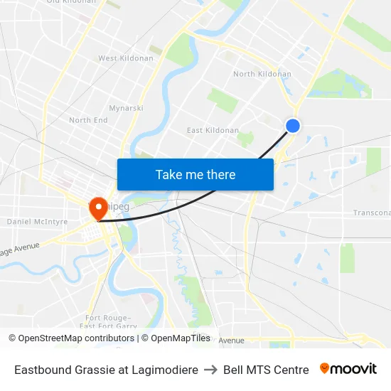 Eastbound Grassie at Lagimodiere to Bell MTS Centre map