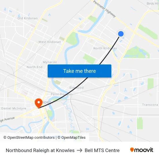 Northbound Raleigh at Knowles to Bell MTS Centre map