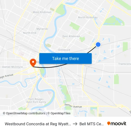 Westbound Concordia at Reg Wyatt West to Bell MTS Centre map