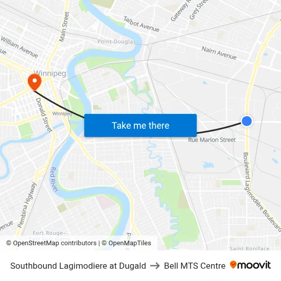 Southbound Lagimodiere at Dugald to Bell MTS Centre map