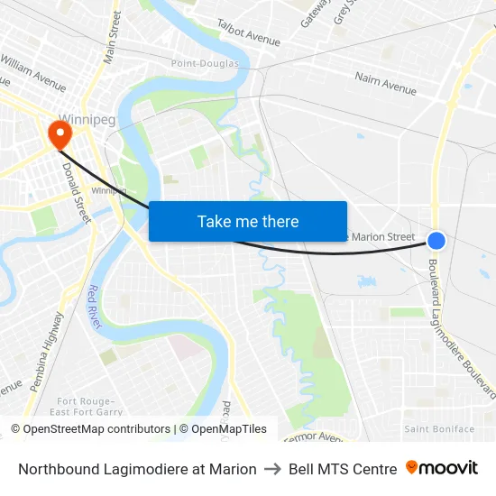 Northbound Lagimodiere at Marion to Bell MTS Centre map