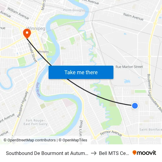 Southbound De Bourmont at Autumnwood to Bell MTS Centre map