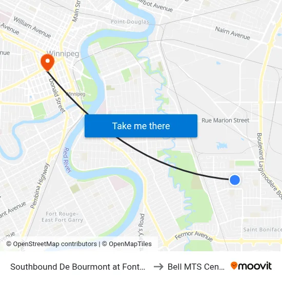 Southbound De Bourmont at Fontaine to Bell MTS Centre map