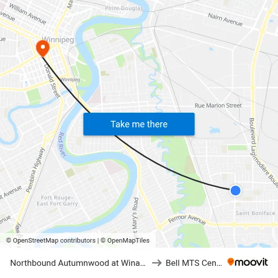 Northbound Autumnwood at Winakwa to Bell MTS Centre map