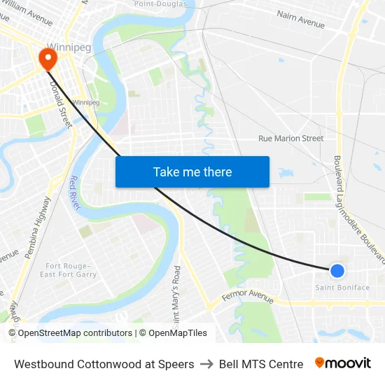 Westbound Cottonwood at Speers to Bell MTS Centre map