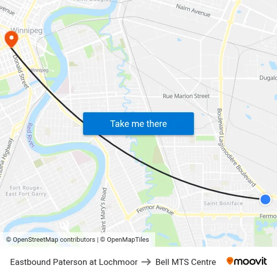 Eastbound Paterson at Lochmoor to Bell MTS Centre map
