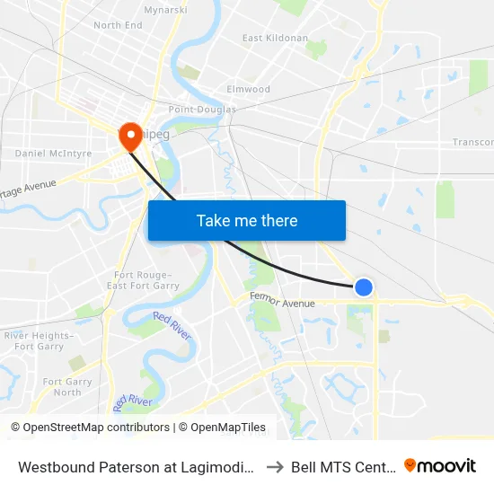 Westbound Paterson at Lagimodiere to Bell MTS Centre map