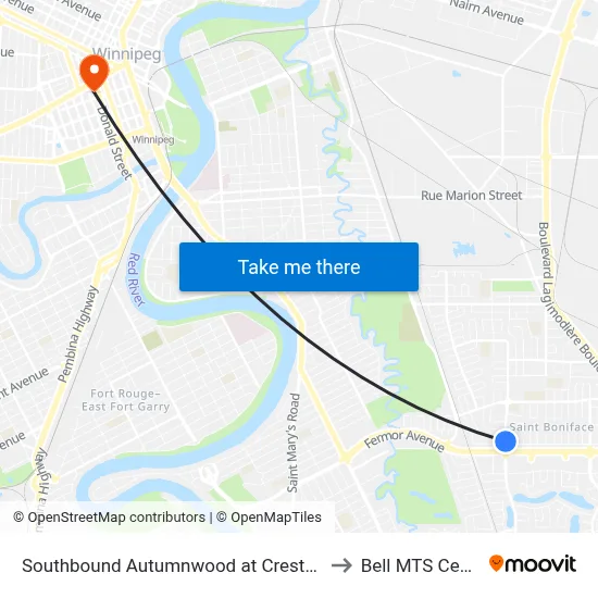 Southbound Autumnwood at Crestwood to Bell MTS Centre map
