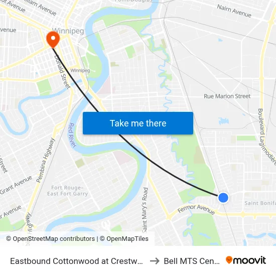 Eastbound Cottonwood at Crestwood to Bell MTS Centre map