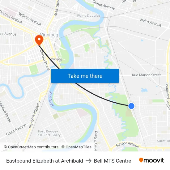 Eastbound Elizabeth at Archibald to Bell MTS Centre map