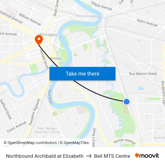 Northbound Archibald at Elizabeth to Bell MTS Centre map