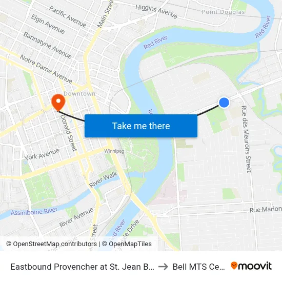 Eastbound Provencher at St. Jean Baptiste to Bell MTS Centre map