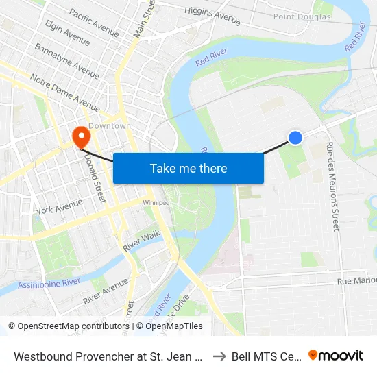 Westbound Provencher at St. Jean Baptiste to Bell MTS Centre map