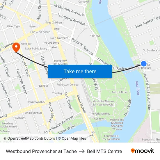 Westbound Provencher at Tache to Bell MTS Centre map