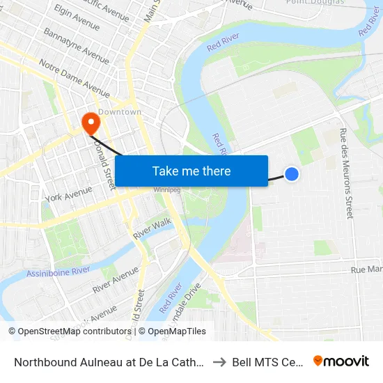 Northbound Aulneau at De La Cathedrale to Bell MTS Centre map