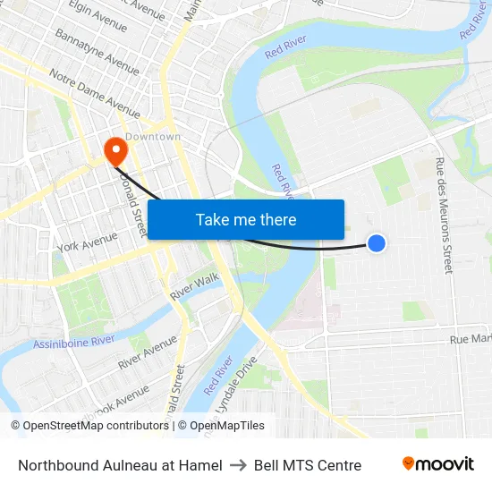 Northbound Aulneau at Hamel to Bell MTS Centre map