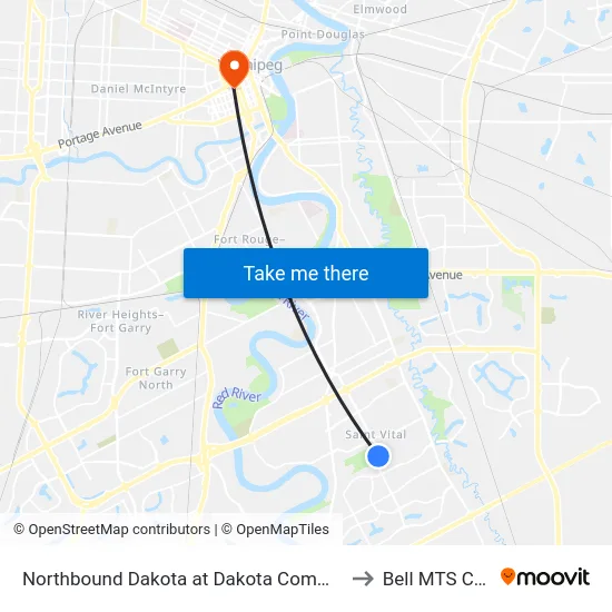 Northbound Dakota at Dakota Community Club to Bell MTS Centre map