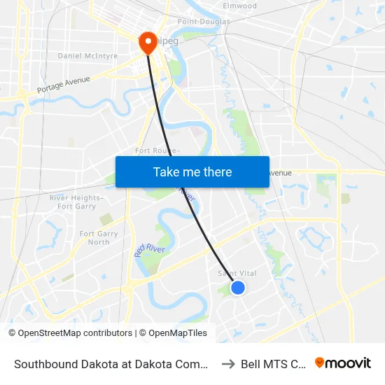 Southbound Dakota at Dakota Community Club to Bell MTS Centre map