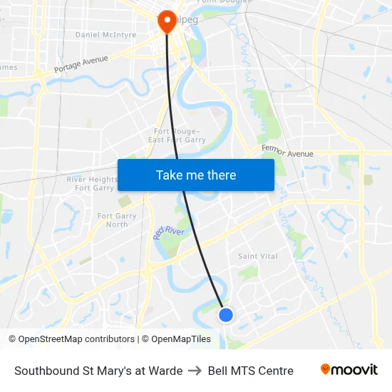 Southbound St Mary's at Warde to Bell MTS Centre map
