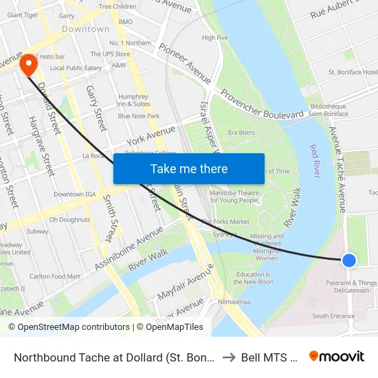 Northbound Tache at Dollard (St. Boniface Hospital) to Bell MTS Centre map