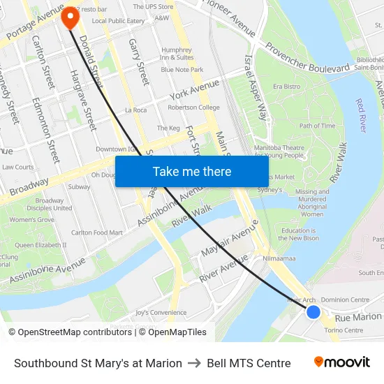 Southbound St Mary's at Marion to Bell MTS Centre map