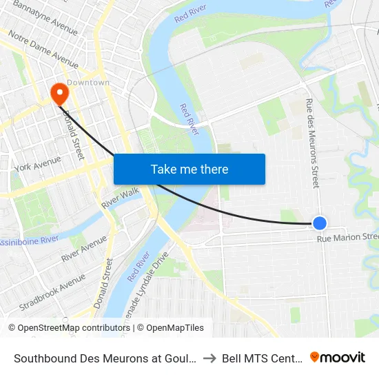 Southbound Des Meurons at Goulet to Bell MTS Centre map
