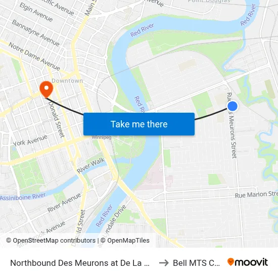 Northbound Des Meurons at De La Cathedrale to Bell MTS Centre map