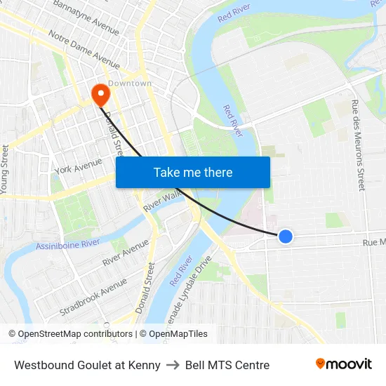 Westbound Goulet at Kenny to Bell MTS Centre map