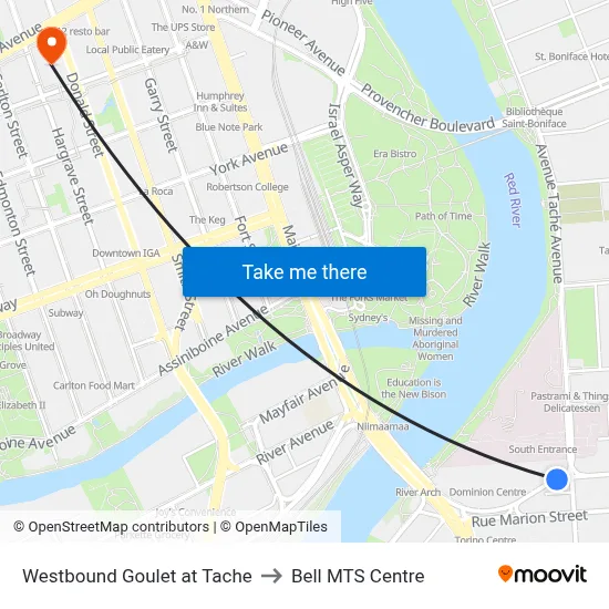 Westbound Goulet at Tache to Bell MTS Centre map