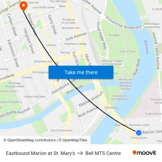 Eastbound Marion at St. Mary's to Bell MTS Centre map