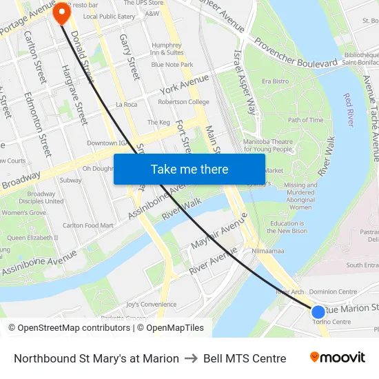 Northbound St Mary's at Marion to Bell MTS Centre map