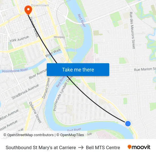 Southbound St Mary's at Carriere to Bell MTS Centre map