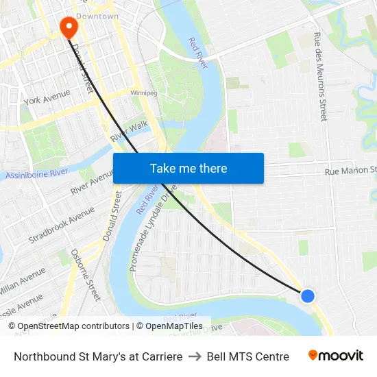 Northbound St Mary's at Carriere to Bell MTS Centre map