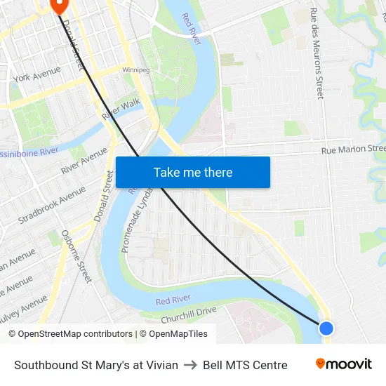 Southbound St Mary's at Vivian to Bell MTS Centre map