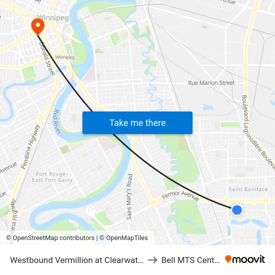 Westbound Vermillion at Clearwater to Bell MTS Centre map