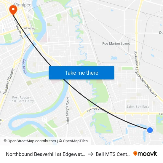 Northbound Beaverhill at Edgewater to Bell MTS Centre map