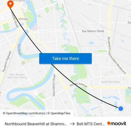 Northbound Beaverhill at Shamrock to Bell MTS Centre map