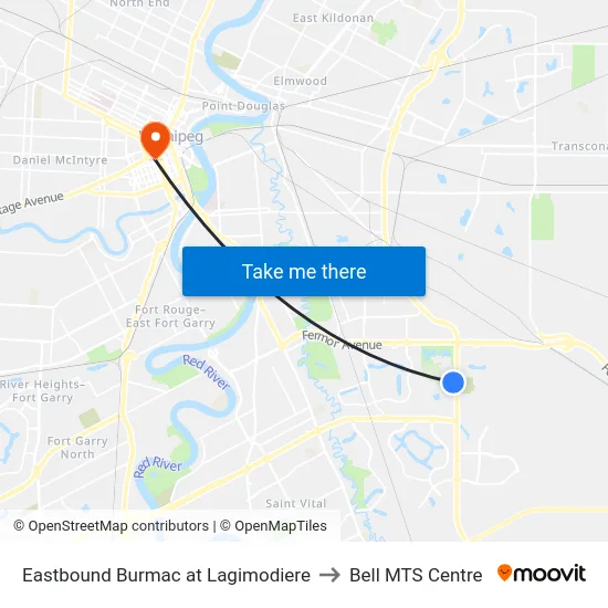 Eastbound Burmac at Lagimodiere to Bell MTS Centre map