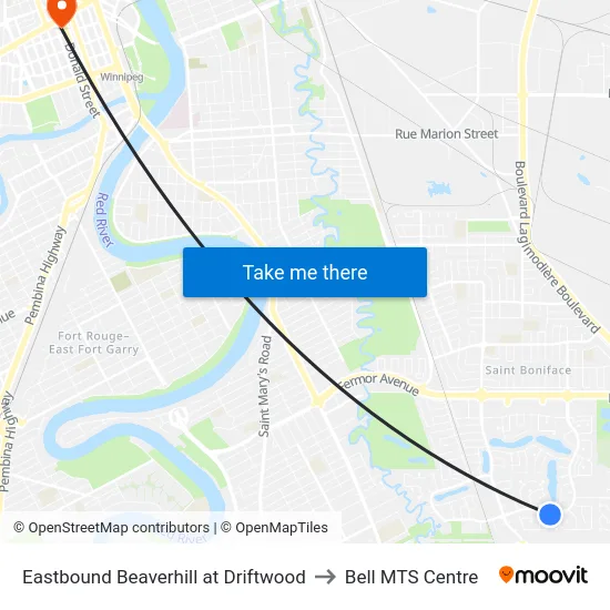 Eastbound Beaverhill at Driftwood to Bell MTS Centre map